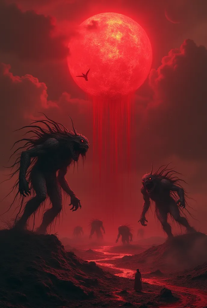 a red sun from which rains blood and monsters emerge from underground