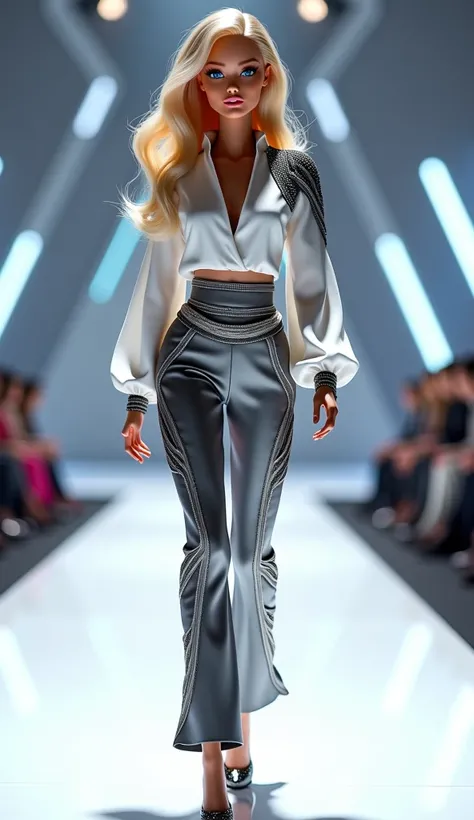 barbie parading on a stunning fashion runway wearing white blouse and gray pants, futuristic high-tech details, kos , belt de se...