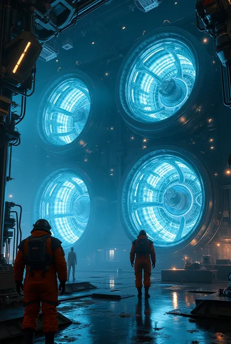 giant spaceship reactors ,  in a horizontal position ,  engines radiating an intense blue color , and two people operating the e...