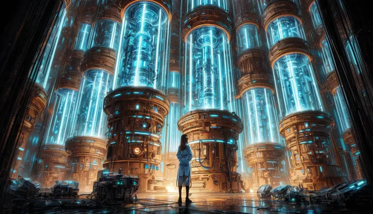 anime style image of a futuristic laboratory with a woman standing in front of glowing tall cylinders, mystical sci-fi concept a...