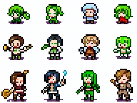 rpg characters, four different styles, basic pixel graphics，green liquid like vomit