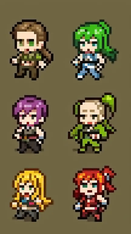 western rpg characters, four different styles, basic pixel graphics，green liquid like vomit