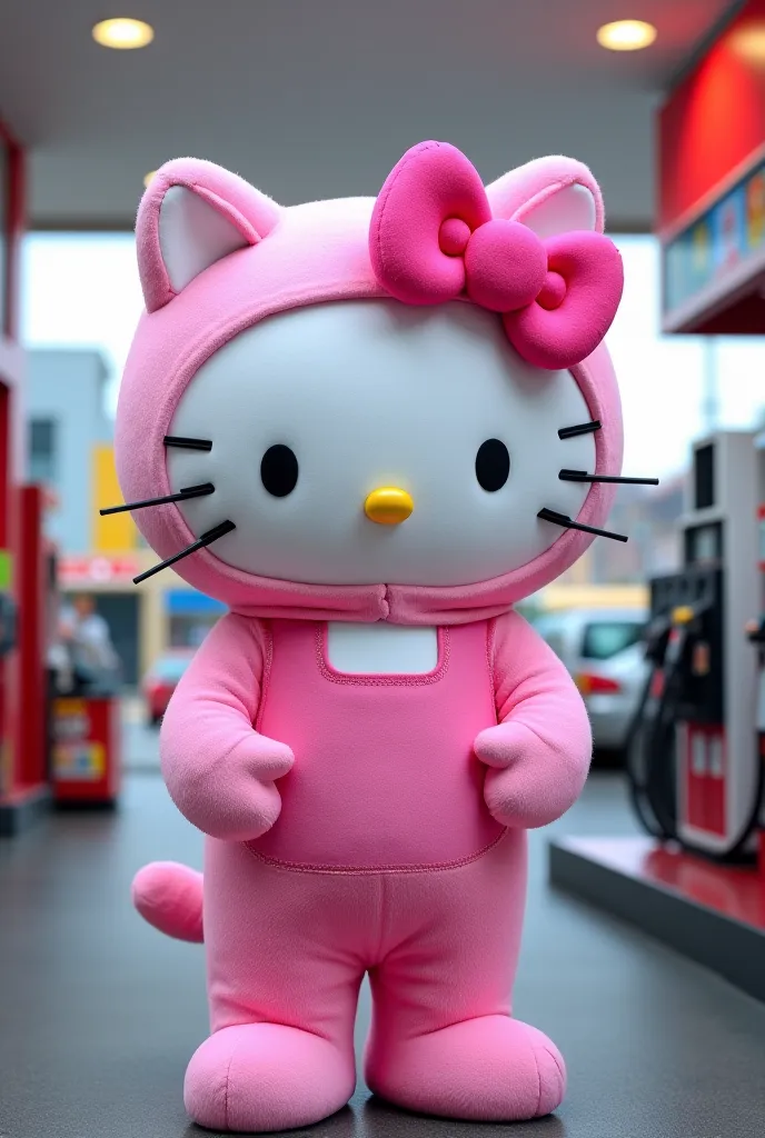 person who works at a gas station wearing a hello kitty costume