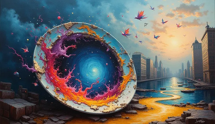 a surreal painting on canvas featuring a plate that has morphed into a portal. the plate's edges are frayed, and from its center...