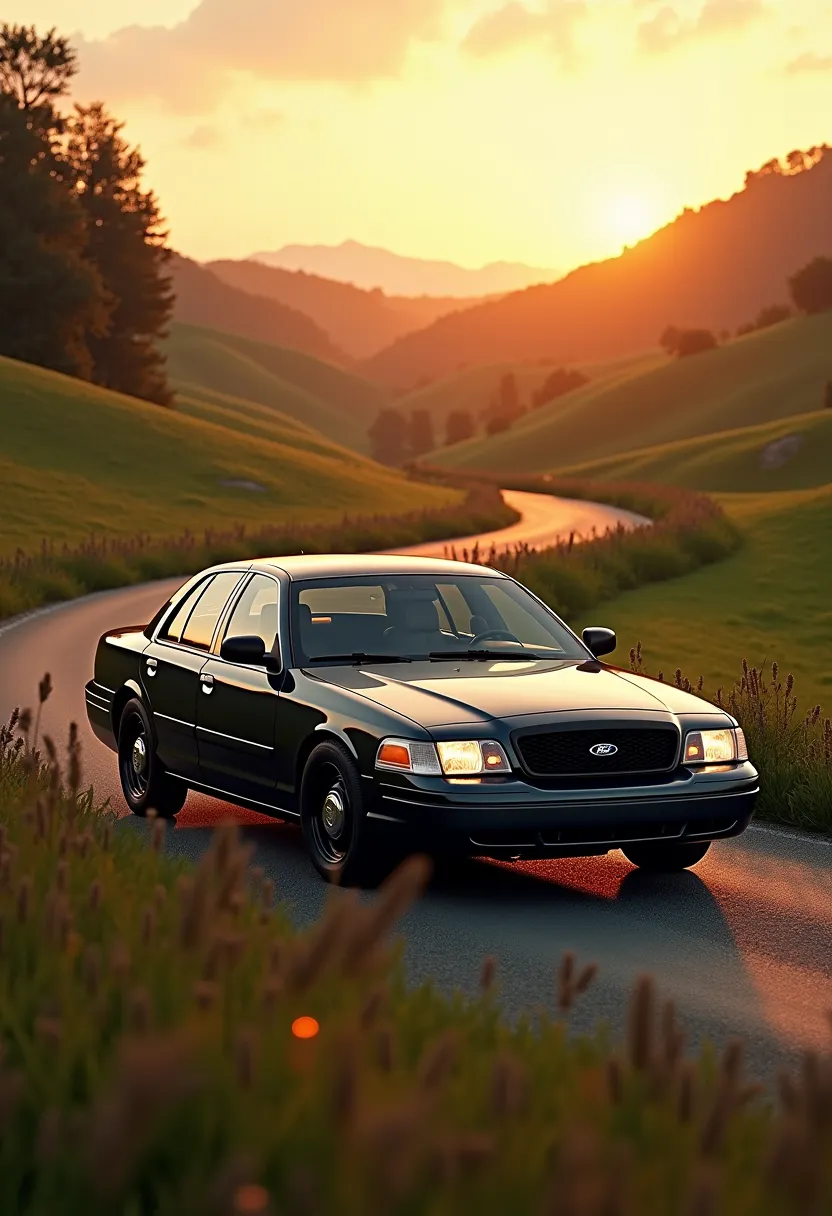 a 2007 ford crown victoria, detailed exterior, detailed interior, beautiful detailed countryside scenery, golden hour lighting, ...