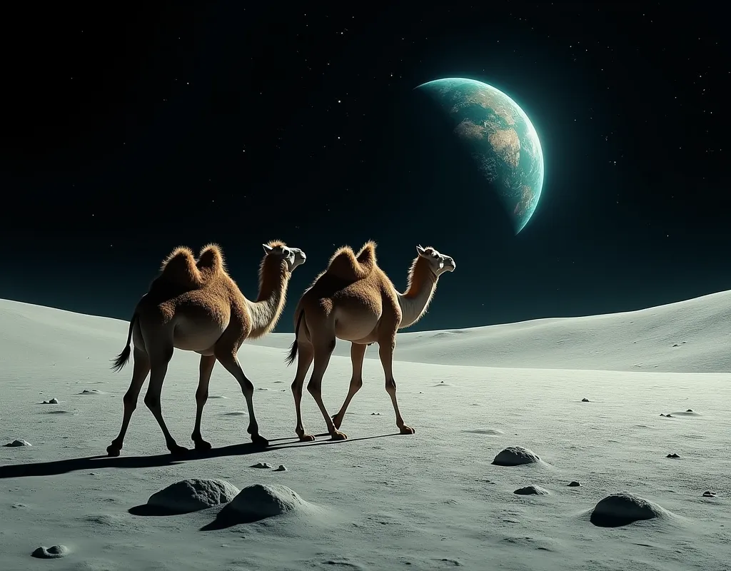 two camels walking on the surface of the moon