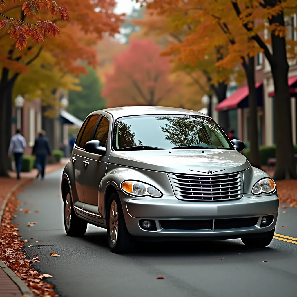 the 2007 chrysler pt cruiser rides down a small street in an american city in late autumn, different angles of photo