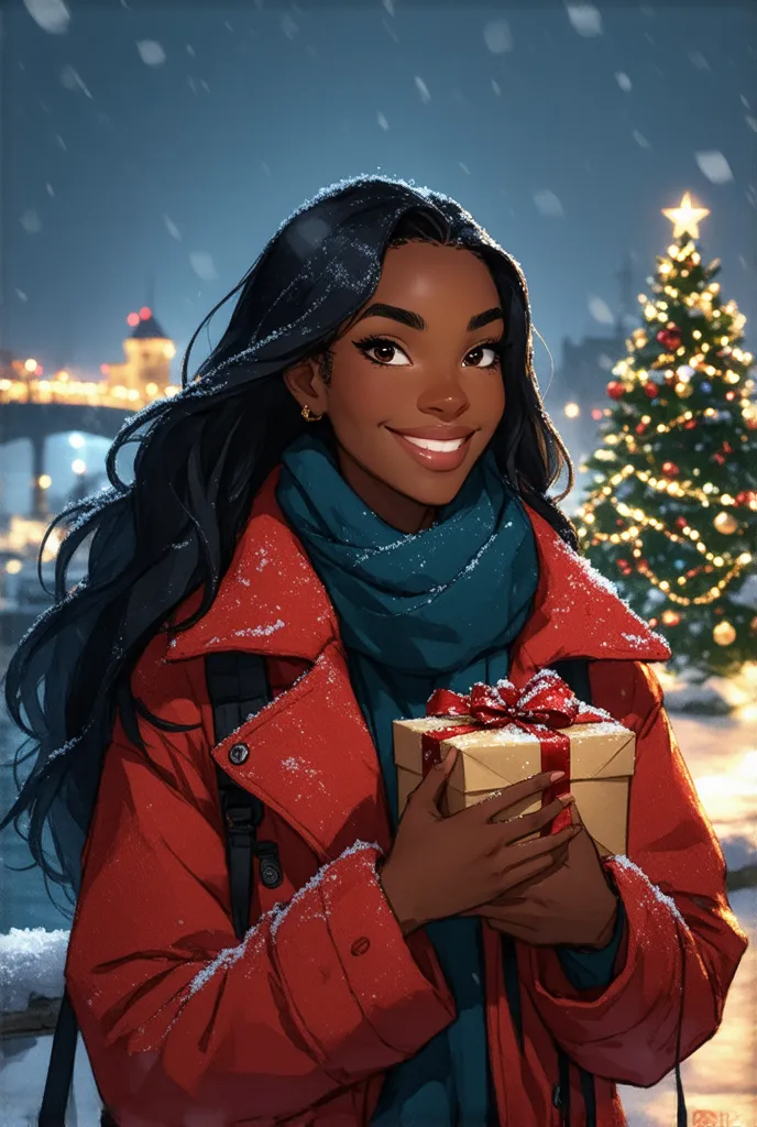 a black skinned teen young adventurer, the queen of the open seas, waiting for a christmas date on a chilly winter night. she ha...