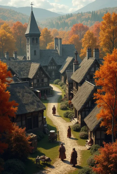 medieval village in an autumnal forest