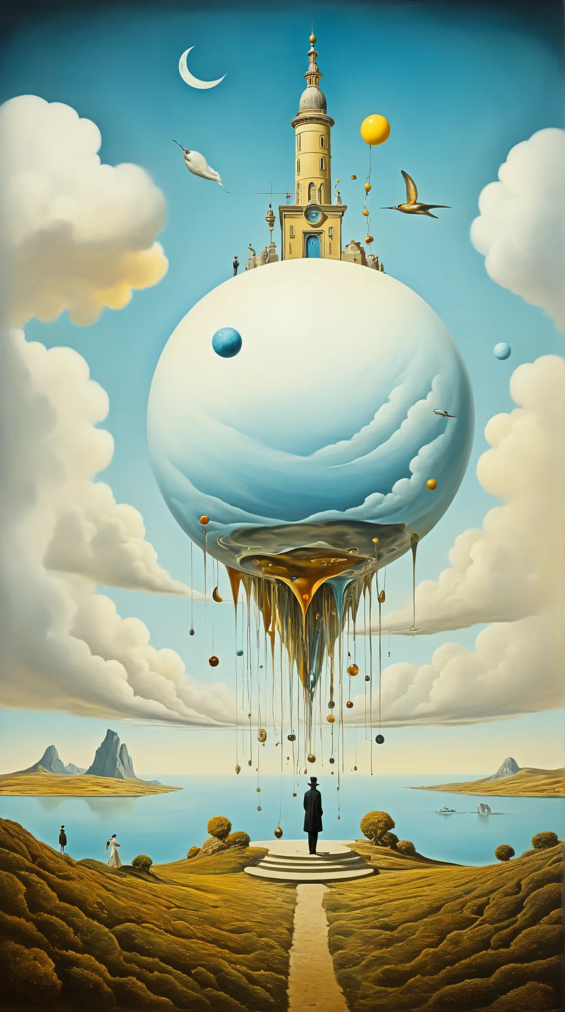 create a piece of art that embodies dreamy magical surrealism, featuring an array of bizarre and fantastical shapes. the artwork...