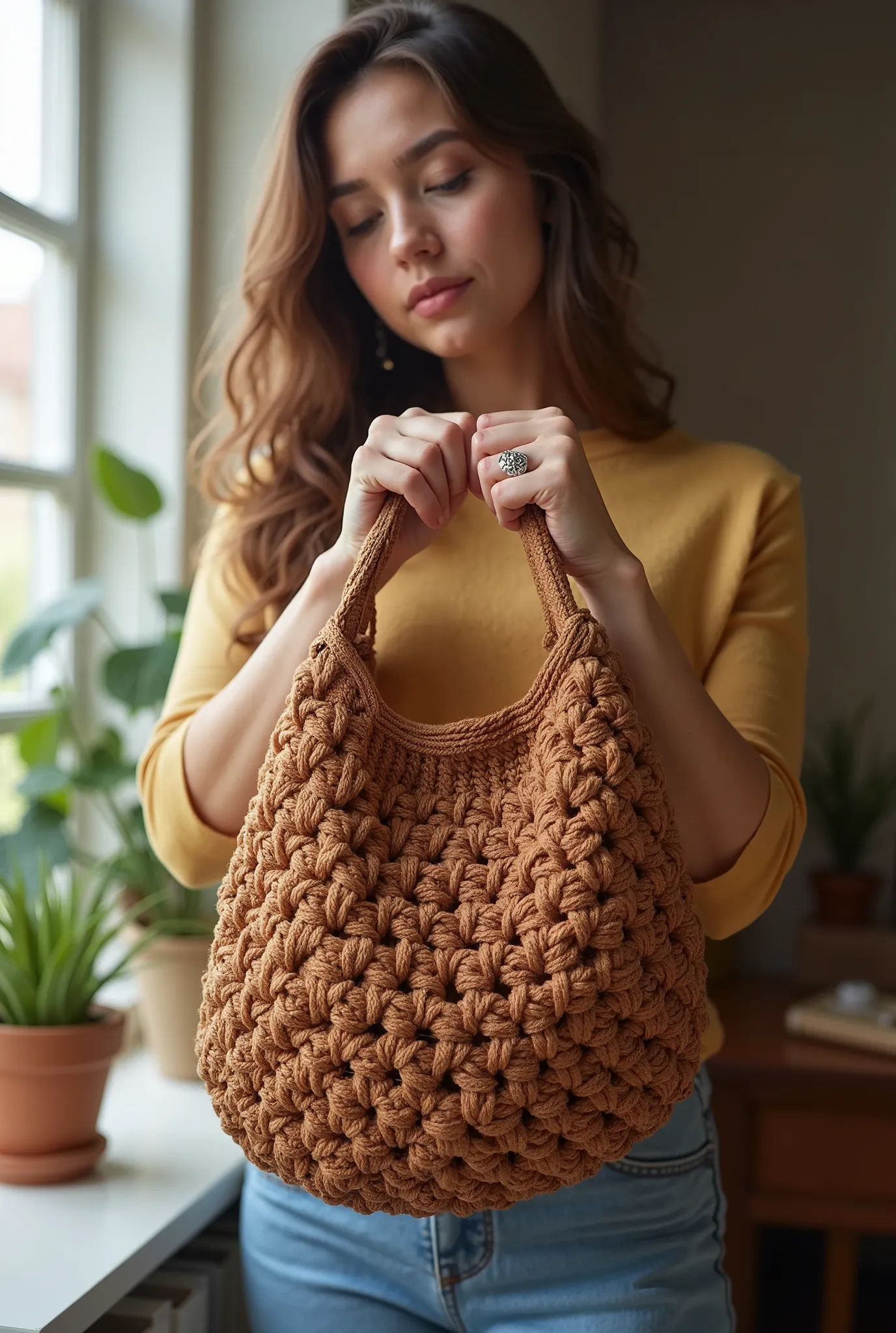 girl handbag holder in handmade crochet , made with care and precision ,  probably using a sturdy caramel brown rope or thread