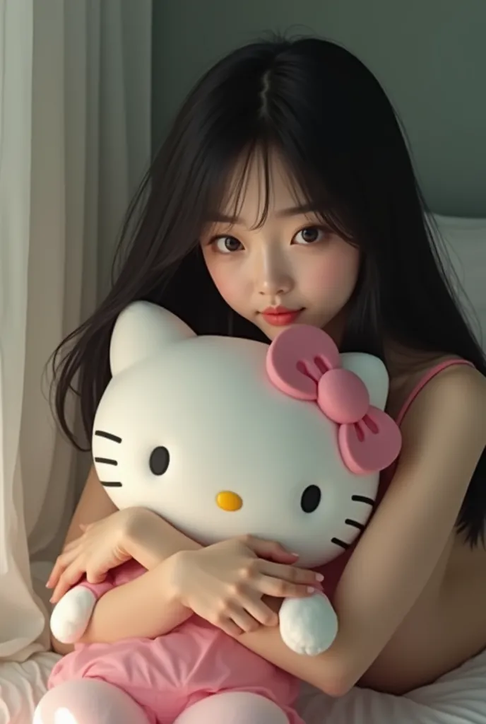 naked, girl, asian, black hair, long bob haircut, pretty, hello kitty! plushie