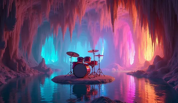 a sparkling cave with rainbow-colored stalactites reflecting on a drum set