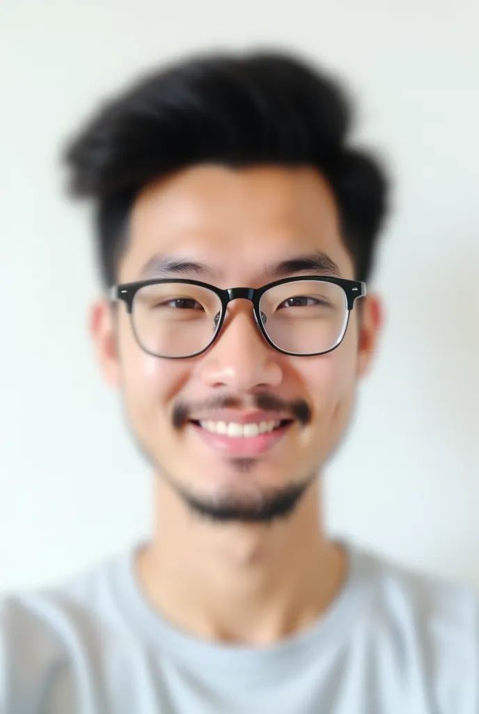 create a 25-year-old with asian eyeglasses with a beard with a white background as if it were a selfie