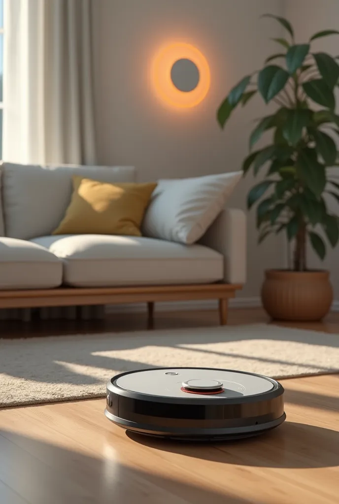 a clean, modern living room with an ai-powered robot vacuum gliding effortlessly across the floor, navigating around furniture a...