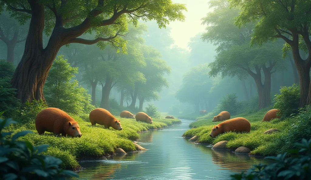 a calm, lush forest near a river, where capybaras graze and rest.