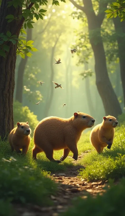 the capybara community, now fully recovered, roams freely through the lush forest. the sunlight filters through the tall trees, ...