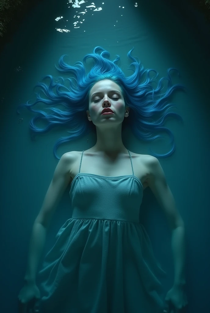 a girl laying in a pool scary horror movie poster blue hair