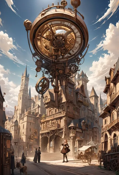 huge clock mechanism (intricate details:1.3), steampunk style, hovering over city skyline,  young woman (ethnicity:1.2), (age:1....