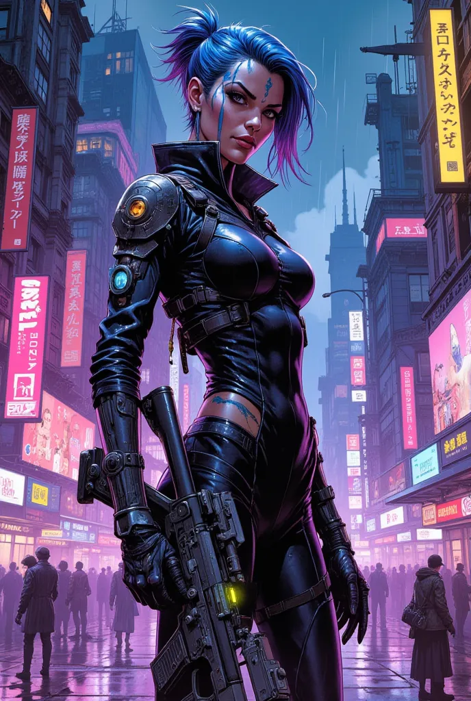 a striking cyberpunk woman standing confidently in a neon-lit urban dystopia. she has a sleek, athletic build and wears a form-f...