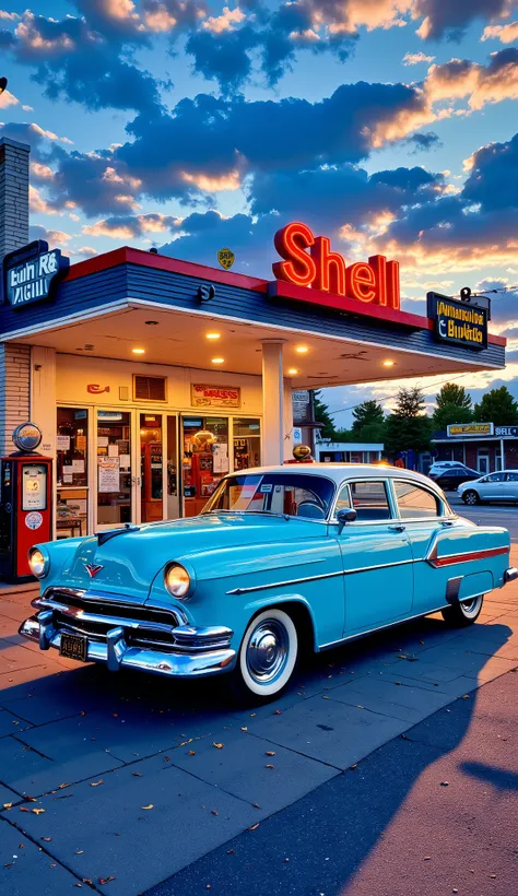 a vintage car, likely from the 1950s, parked in front of a retro gas station.
details:
car:
the car is a light blue color with w...