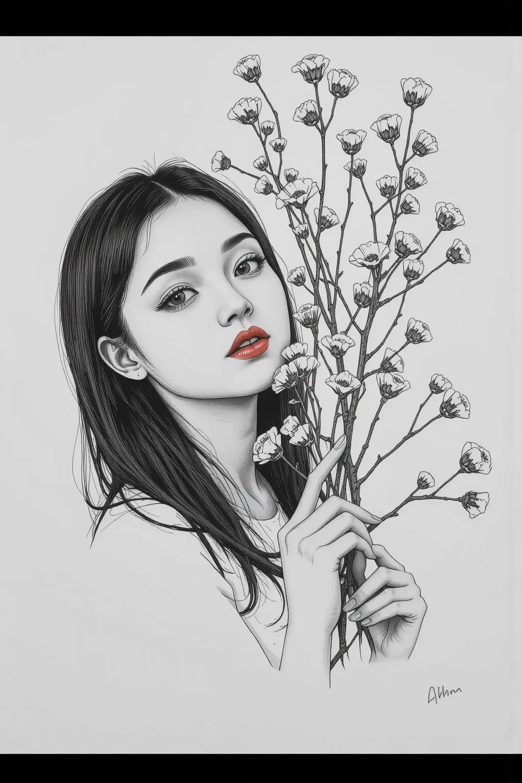 master piece:1.5、(minimal art, line drawing), woman、black and white art:1.2、lips are red、black and white world、silence、an ennui ...