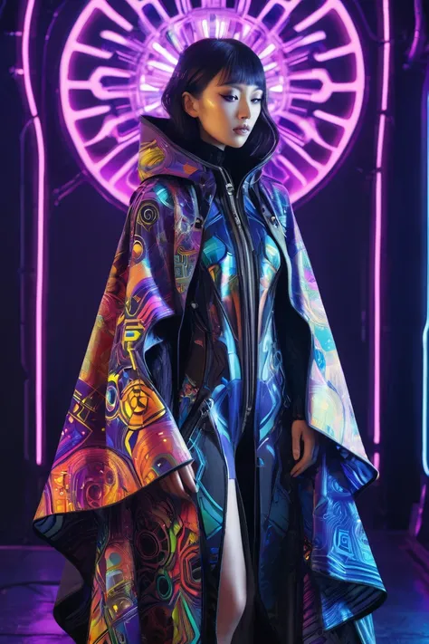 woman wearing a psychedelic cloak 、 mechanical cyberpunk fashion