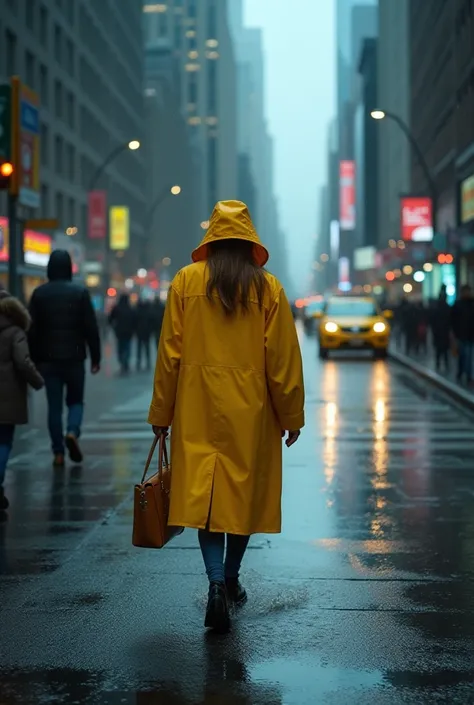 realistic photo of a woman walking towards the horizon on fifth avenue in new york on a rainy night wearing a yellow raincoat