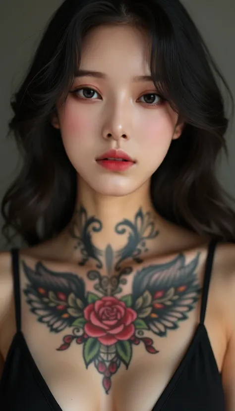 a close up of a woman with a tattoo on her chest, of taiwanese girl with tattoos, gorgeous chinese model, sexy face with full ma...