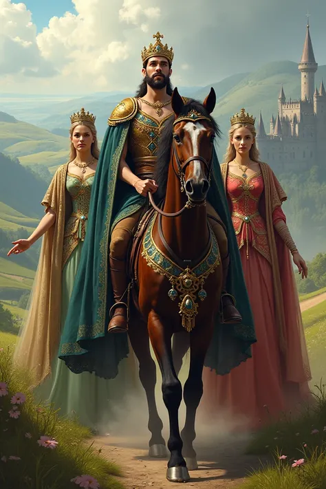 a king with his two wife on a horse