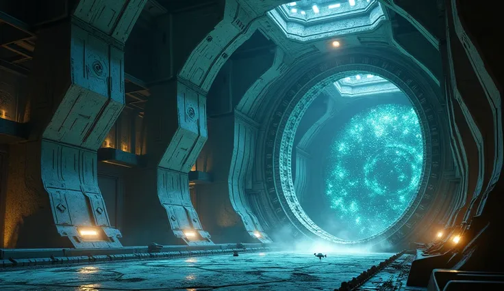 "a massive, alien vault at the heart of the space station, its surface covered in pulsating alien glyphs and cracks emitting bri...