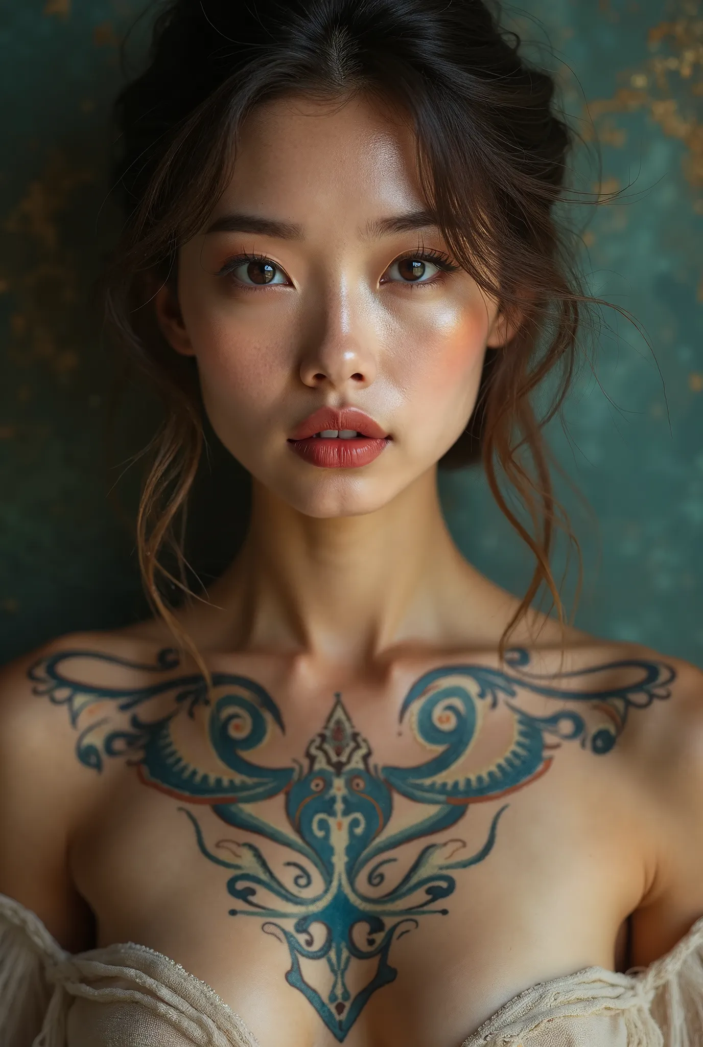 beautiful woman body painting，chest close-up