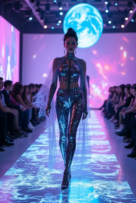 a futuristic fashion show set in a high-tech, cybernetic world with a touch of fantasy, the runway is illuminated with neon ligh...