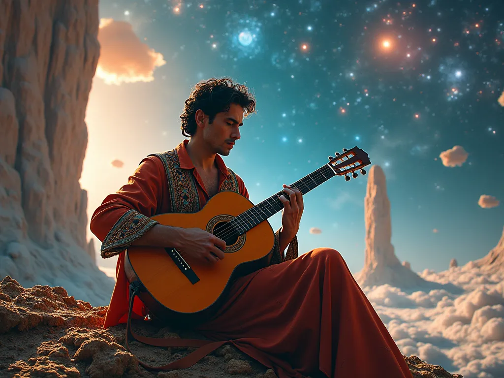 spanish playing the acoustic guitar, in a futuristic space landscape