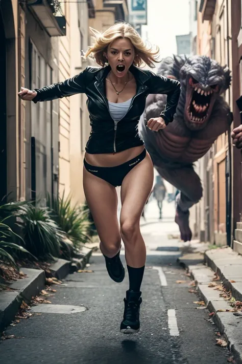 blond saggy woman being chased by monster