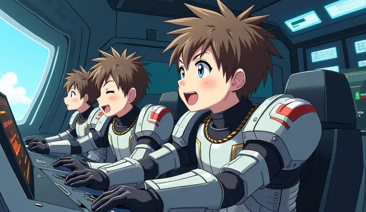 three boy pilots wearing a bulky robot suit, piloting a combat machine inside the futuristic cockpit. the illustration should be...