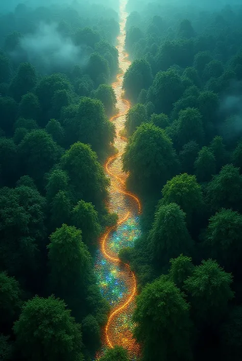 the forest seen from above as glowing patterns form in the trees. (drone shot zooming upward)