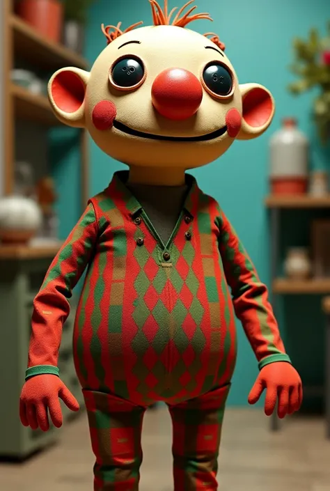 large puppet with green and red checkered clothes cooked large with black button eyes and a ball nose