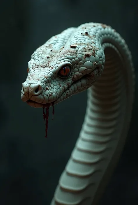 Take a profile picture that is of a dirty and abused and hostile white snake and that the background is a night color and that t...