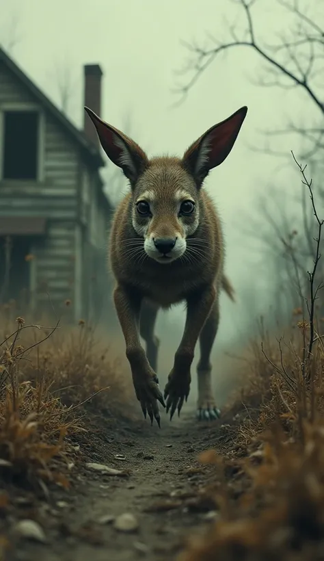 An animal with head of rabit and lower body of dog on a farm, horror, old view, haunted, 1997 , wide angle, horrifying, wider an...