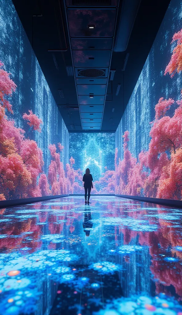 360-degree experiential teamlab style、the floor is also a video、amazing digital art、 high definition、 vivid