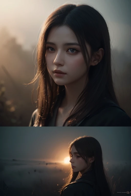 Portrait  her long dark hair fluttering in the fog,  cinematic lighting, photo realistic,  gorgeous ,  complicated,  realistic, ...