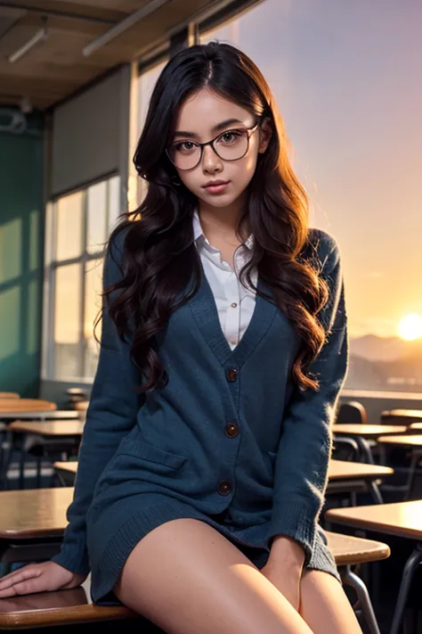 girl with curly long hair, wearing eye glasses, sitting on a classroom.  sunset vibes