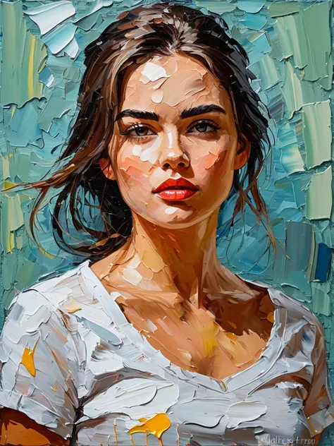 pallete knife Impasto potrait painting of a young woman, pallete knife effect on all figure surface. the impact of the palette k...