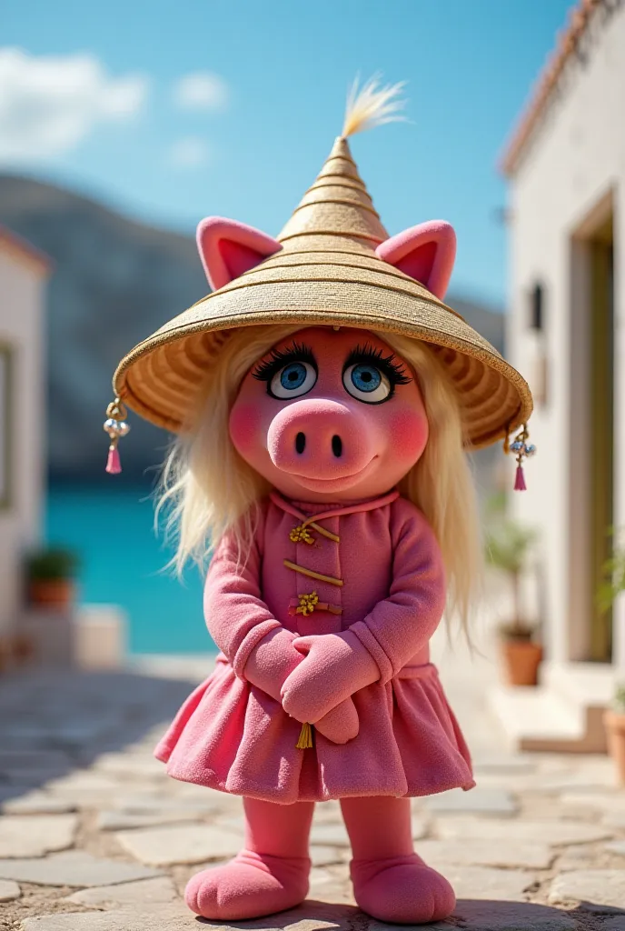 Miss piggy wearing a non la hut, with a cycladic greek island for background