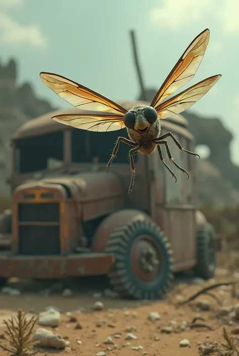 Photo of a human fly flying in front of the camera with a wreck in the back