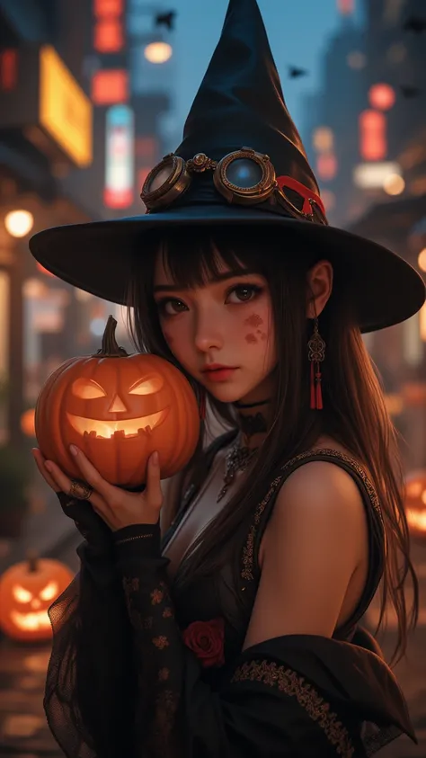 nijistyle，   Cute girl on the day of death，  Steampunk city ， Halloween theme，pumpkinpumpkin， Halloween ，  Warm colors and light...