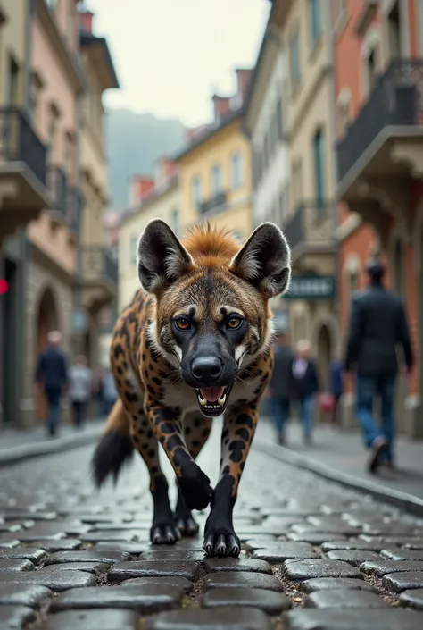 Hyena on a street of Ljubljana with a small chain arond its neck. Could you not blur the background?