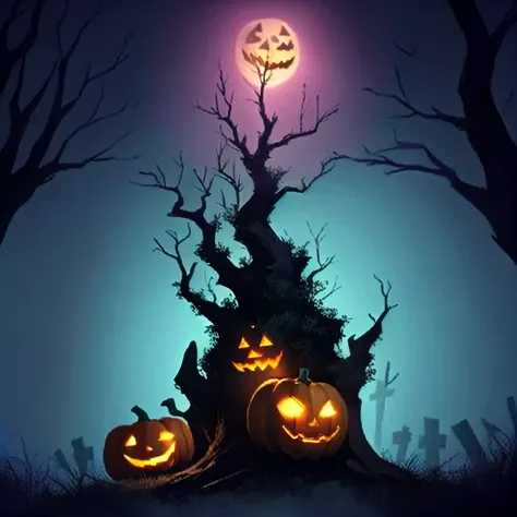 a close up of a cartoon of halloween tree with a bat in the background, (((halloween tree))), mysterious spooky tree, scary tree...