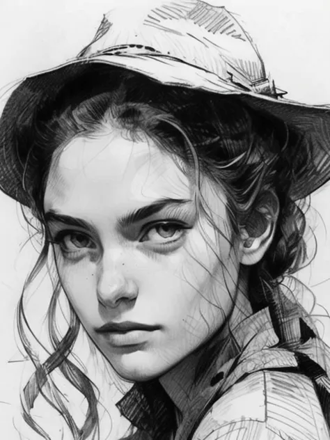   portrait in pencil,  with thick, crossed lines ,  work of art.  of a beautiful woman , Calcium light .   hat,    masterpiece, ...